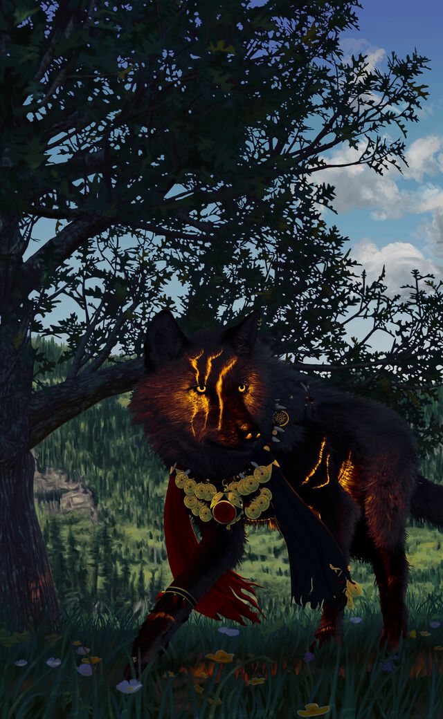 Illustration of a scarred wolf-like creature; glowing hot magma can be seen beneath the scars and in his eyes; he is walking in a green wilderness with mountains in the background